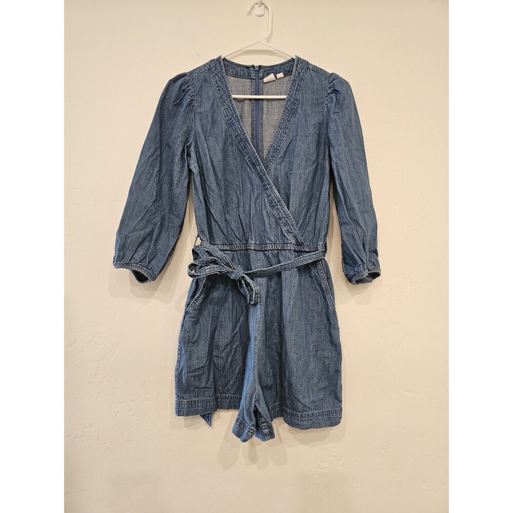 Gap Women's Demin Puff Sleeve V-Neck Romper Size 4 - Picture 2 of 9